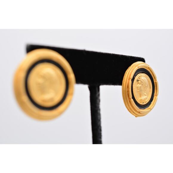 Vintage Roman Coin Earrings Brushed Gold Matte Black Enamel Chunky NOS 1980s 9E - Picture 5 of 12